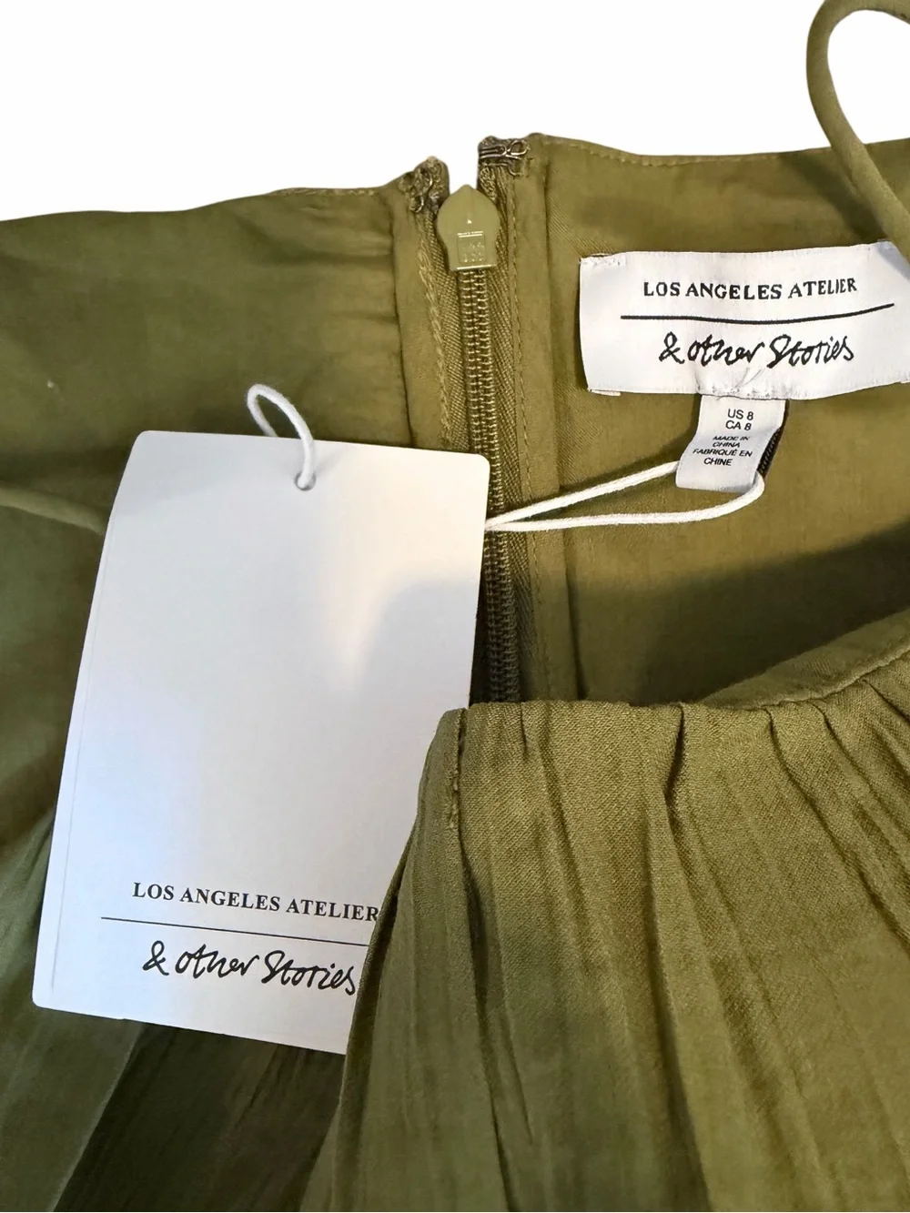 & Other Stories Olive Green Shirred‎ Sleeveless Midi Dress NWT Size 8